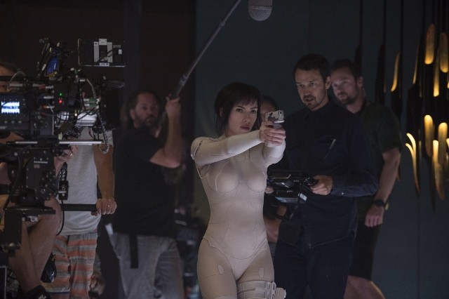Scarlett Johansson on the set of Ghost in the Shell
