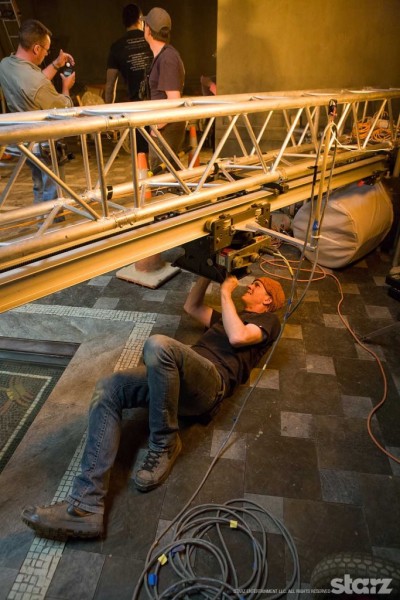 Best Boy Peter Cleveland rigs “Boris” the high-speed camera track