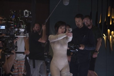 Scarlett Johansson on the set of Ghost in the Shell